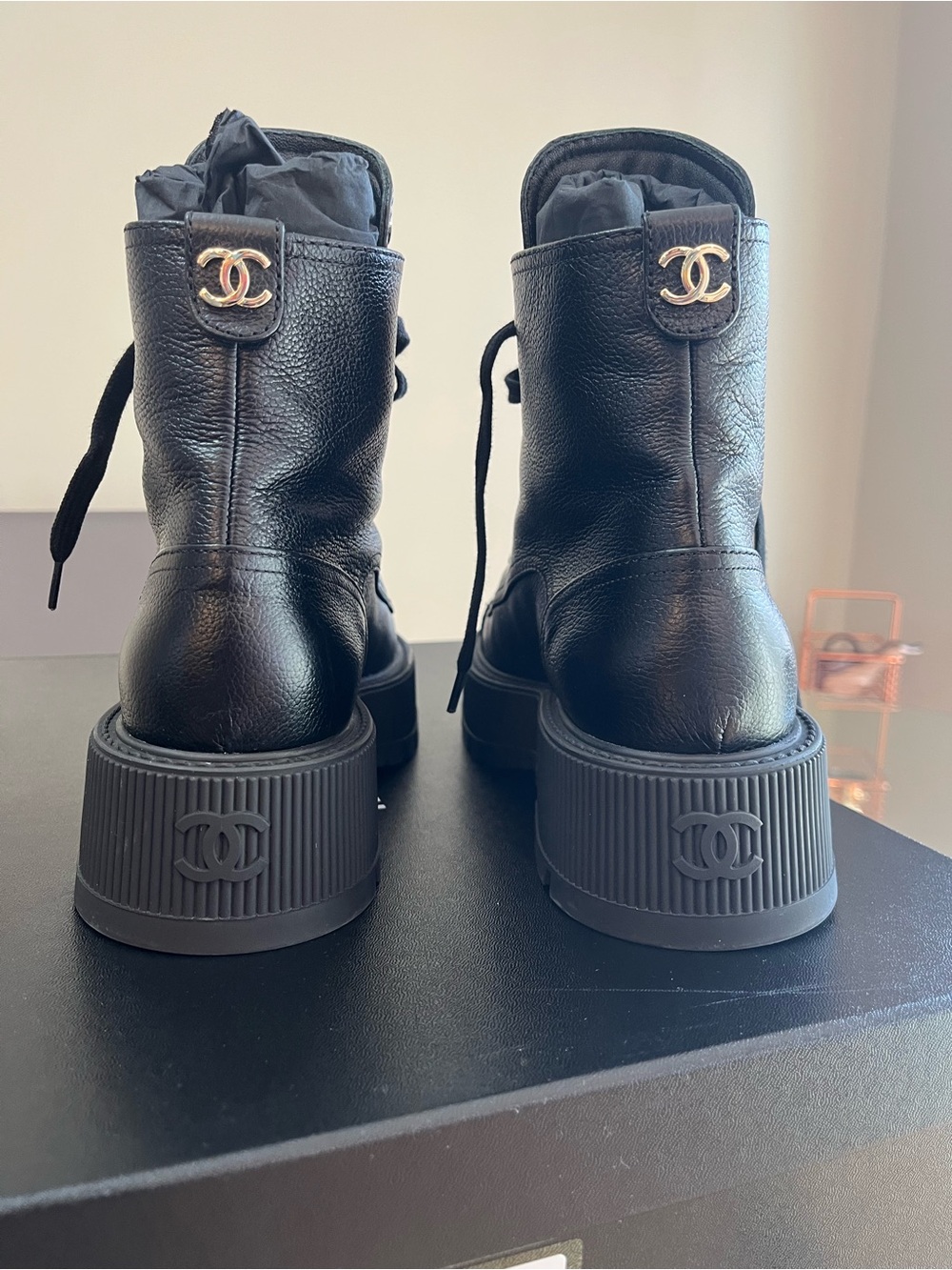 CHANEL Black Leather Lace-Up Platform Ankle Boots with Gold Logo - Picture 7 of 11